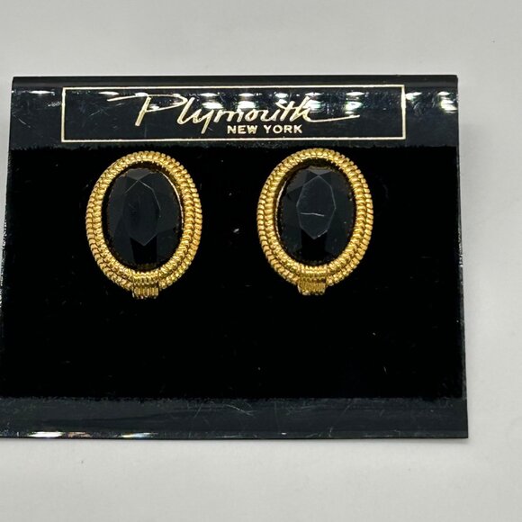 Vintage 80s  Black Acrylic Oval Post Earrings Plymouth New York Gold Rope Border - Picture 2 of 13